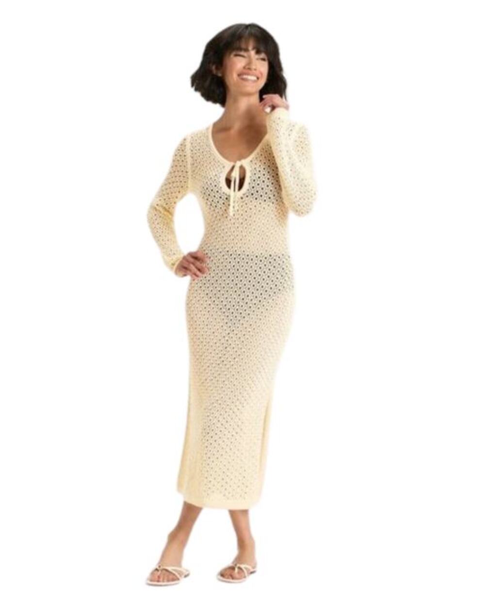 NWT A New Day Crochet Maxi Cover Up Dress Cream Long Sleeve Small